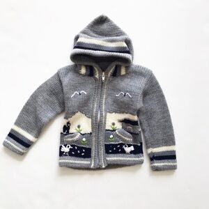 Hand knit farm scene hooded sweater looks 2/3T